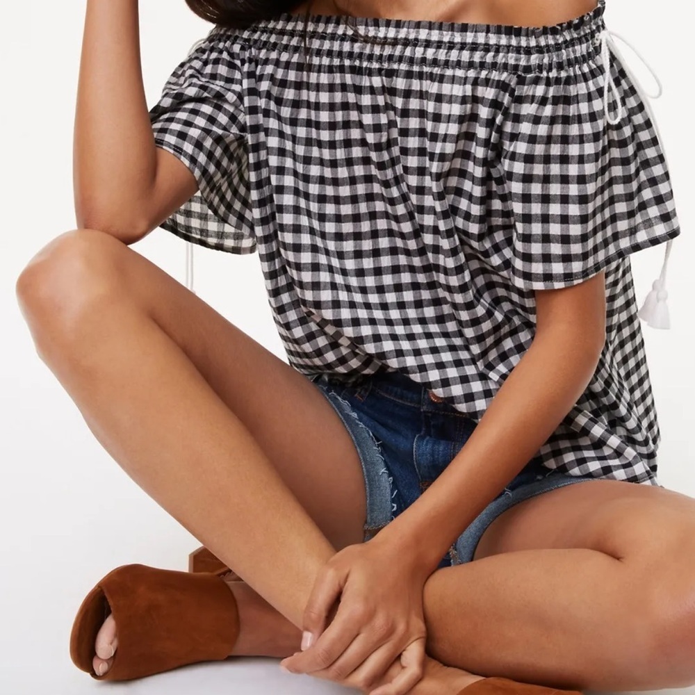 LOFT Ann Taylor Women’s Gingham Checked Plaid Off Shoulder Tassels Blouse Top XS